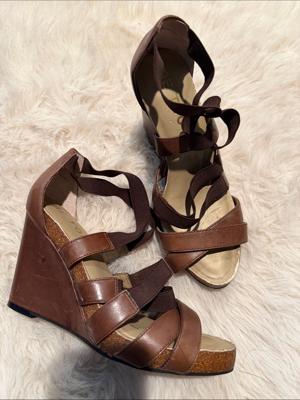 ME TOO Brown Strappy Lace-Up Wedge Sandals